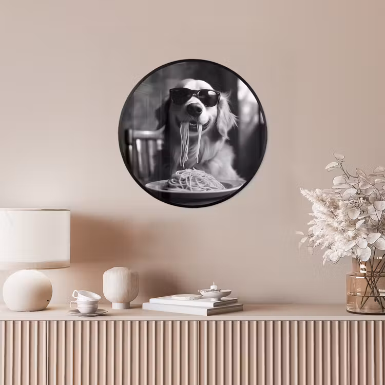 Golden Retriever - Hond - Vrolijk - Bord spaghetti - Zwart - wit Fotolijst rond zonder passe partout klein -sfeer3