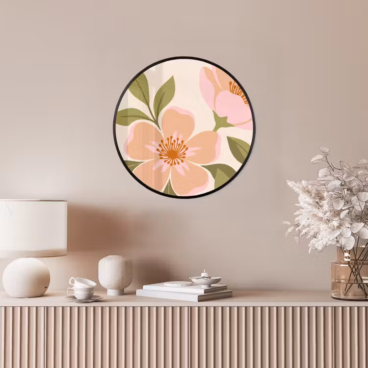 Grafisch - Bloemen - Roze Fotolijst rond zonder passe partout klein -sfeer3
