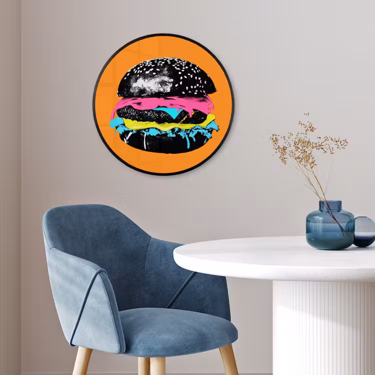 Hamburger - Oranje - Neon - popart Fotolijst rond zonder passe partout klein -sfeer2
