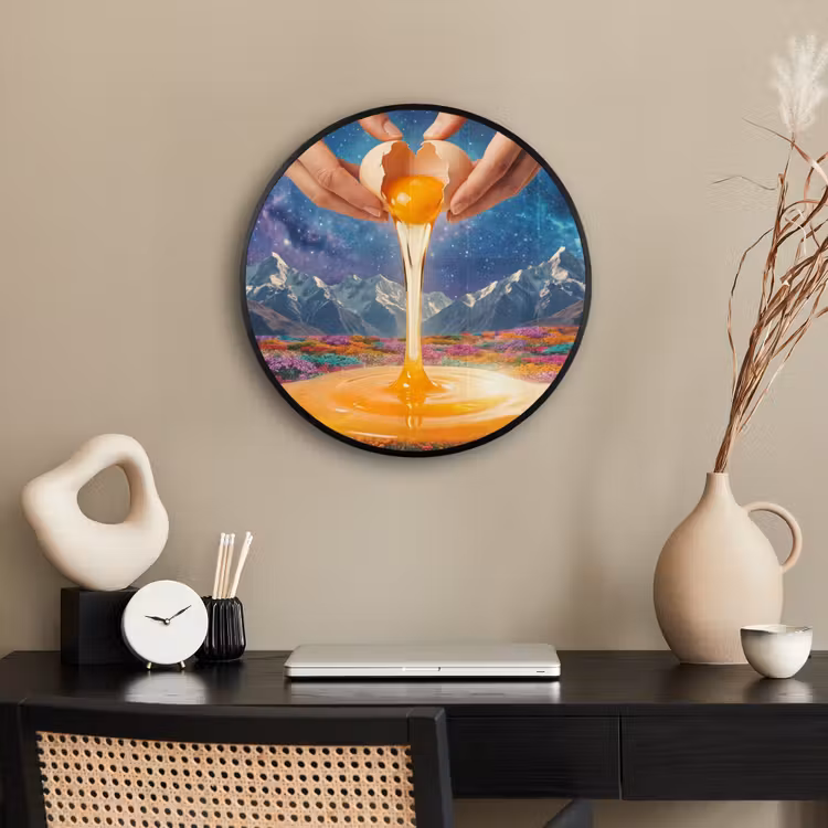 Poster im Rahmen Rund - Hände – Ei – Surrealismus - Handen - Ei - Surrealisme Fotolijst rond zonder passe partout klein