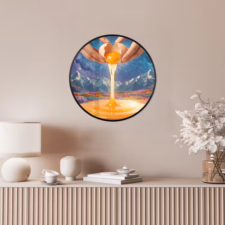 Poster im Rahmen Rund - Hände – Ei – Surrealismus - Handen - Ei - Surrealisme Fotolijst rond zonder passe partout klein
