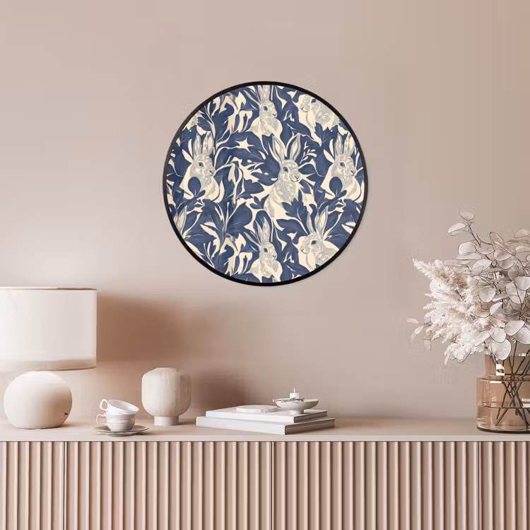 Hazen - Bladeren - Patroon - Blauw - Beige Fotolijst rond zonder passe partout klein 856 -sfeer3