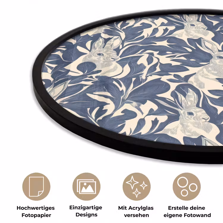 Hazen - Bladeren - Patroon - Blauw - Beige Fotolijst rond zonder passe partout klein 856 -closeup_DE