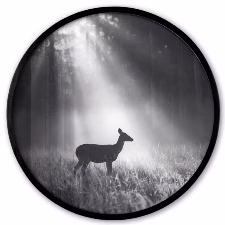 Hert - Bos - Zonnestralen - Zwart-wit - Natuur Fotolijst rond zonder passe partout klein -3d