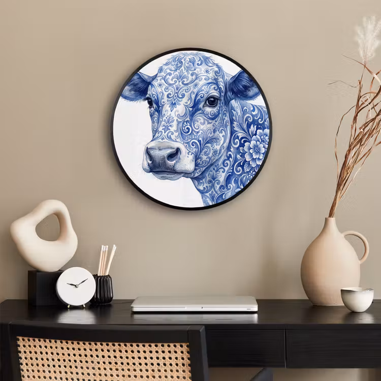 Illustratie - Koe - Blauw Fotolijst rond zonder passe partout klein -sfeer1