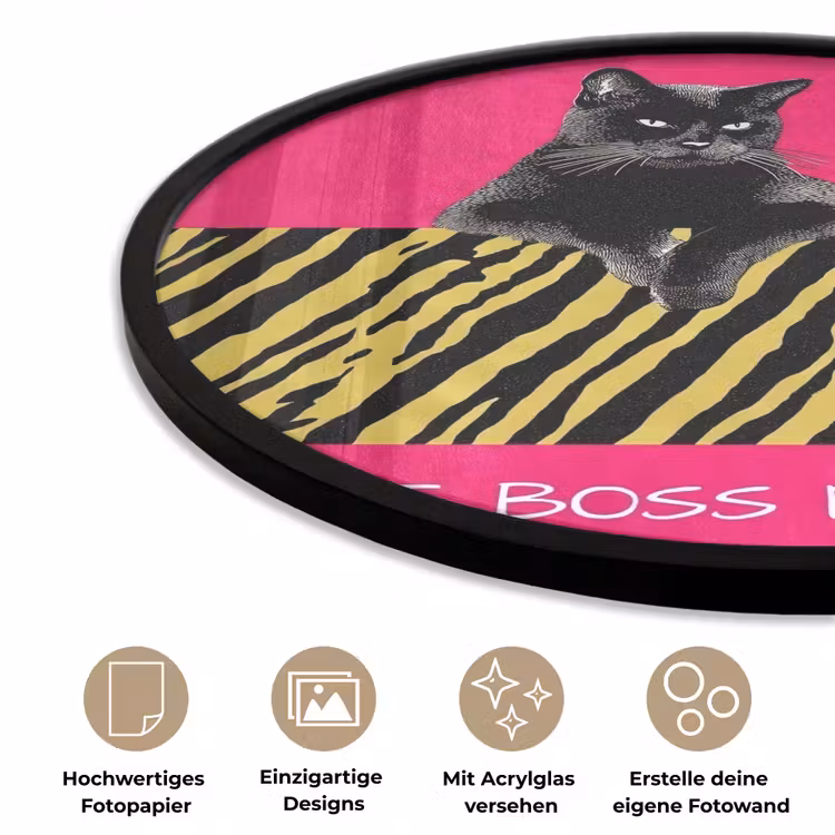 Kat - Baas - Roze - Tijgerprint Fotolijst rond zonder passe partout klein -closeup_DE