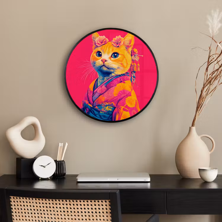 Kat - Kimono - Bloemen - Roze Fotolijst rond zonder passe partout klein -sfeer1