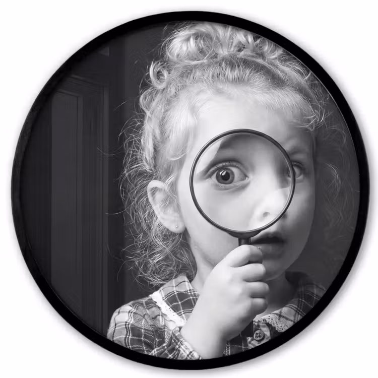 Kind - Vergrootglas - Portret - Zwart-wit Fotolijst rond zonder passe partout klein -3d