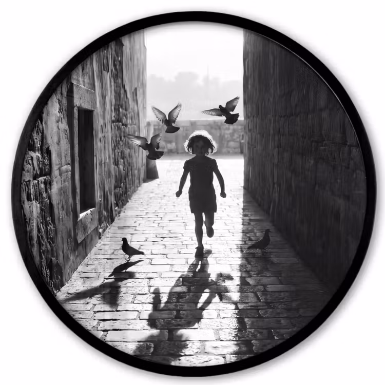 Kind - Vogel - Straat - Zwart-wit - Spelen Fotolijst rond zonder passe partout klein -3d