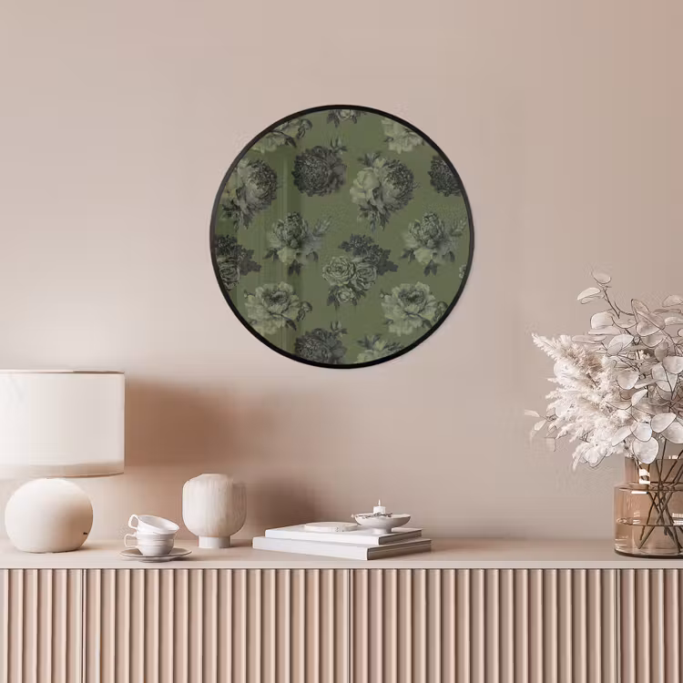 Klassiek - botanisch - olijfgroen - bloemen Fotolijst rond zonder passe partout klein 856 -sfeer3