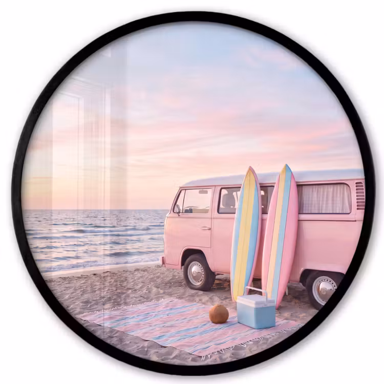 Busje - Strand - Surfplank - Zomer - Roze Fotolijst rond zonder passe partout klein -3d