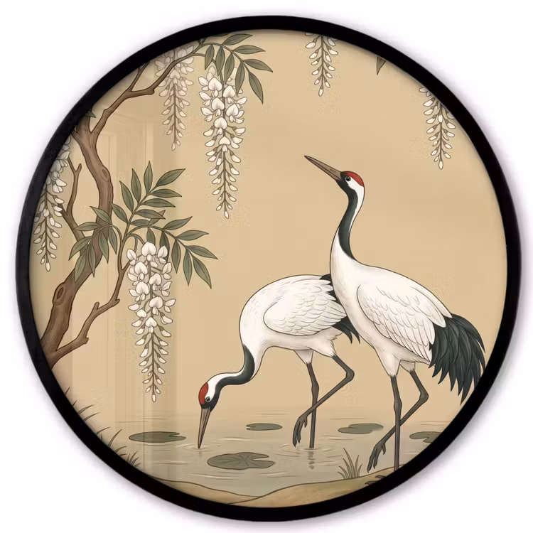 Kraanvogels - Water - Beige Fotolijst rond zonder passe partout klein -3d
