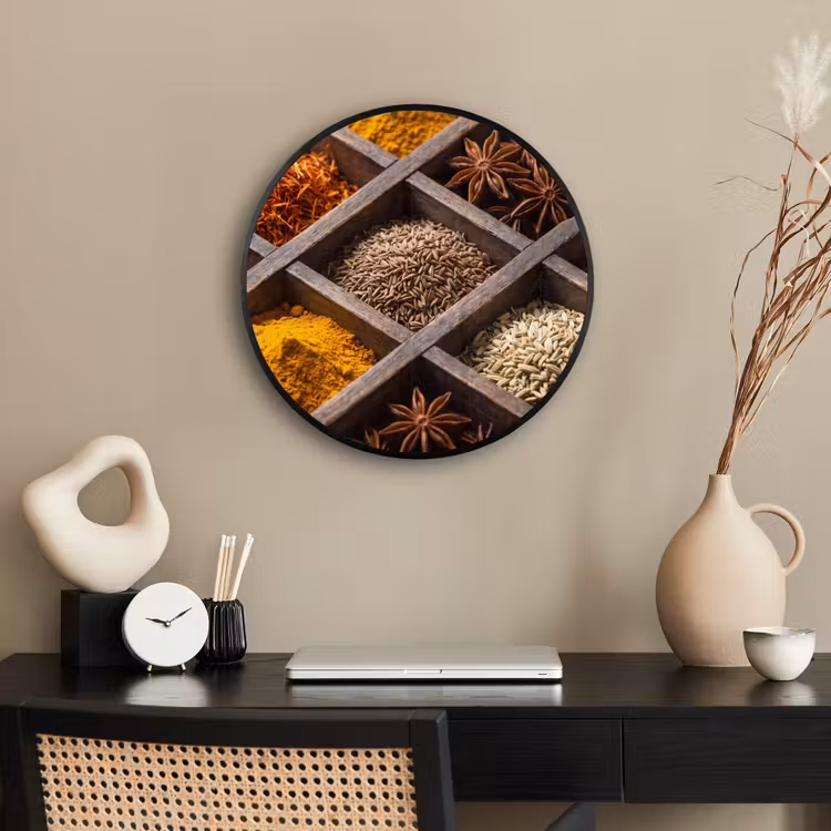 Poster im Rahmen Rund - Kräuter – Holz – Essen - Kruiden - Houten - Eten Fotolijst rond zonder passe partout klein