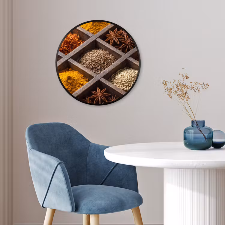Poster im Rahmen Rund - Kräuter – Holz – Essen - Kruiden - Houten - Eten Fotolijst rond zonder passe partout klein