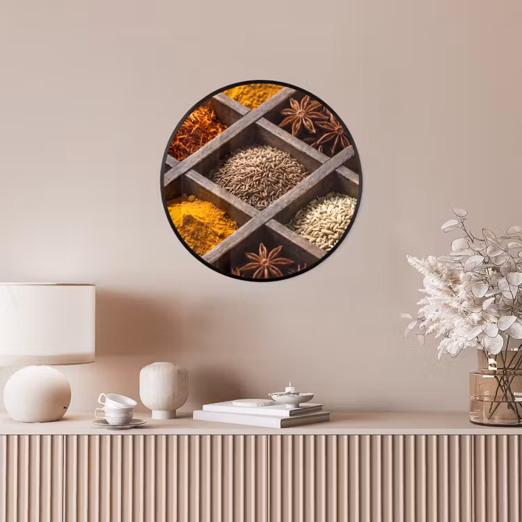 Poster im Rahmen Rund - Kräuter – Holz – Essen - Kruiden - Houten - Eten Fotolijst rond zonder passe partout klein