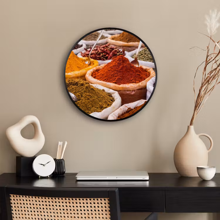 Poster im Rahmen Rund - Kräuter – Markt – Essen - Kruiden - Markt - Eten Fotolijst rond zonder passe partout klein
