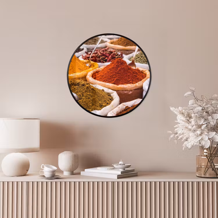 Poster im Rahmen Rund - Kräuter – Markt – Essen - Kruiden - Markt - Eten Fotolijst rond zonder passe partout klein