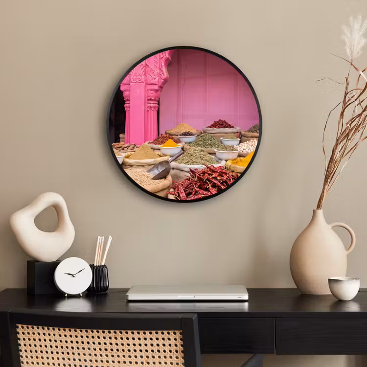 Poster im Rahmen Rund - Kräuter – Markt – Rosa - Kruiden - Markt - Roze Fotolijst rond zonder passe partout klein
