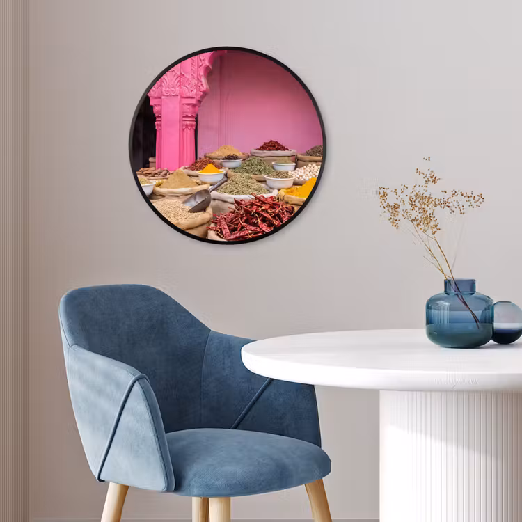 Poster im Rahmen Rund - Kräuter – Markt – Rosa - Kruiden - Markt - Roze Fotolijst rond zonder passe partout klein