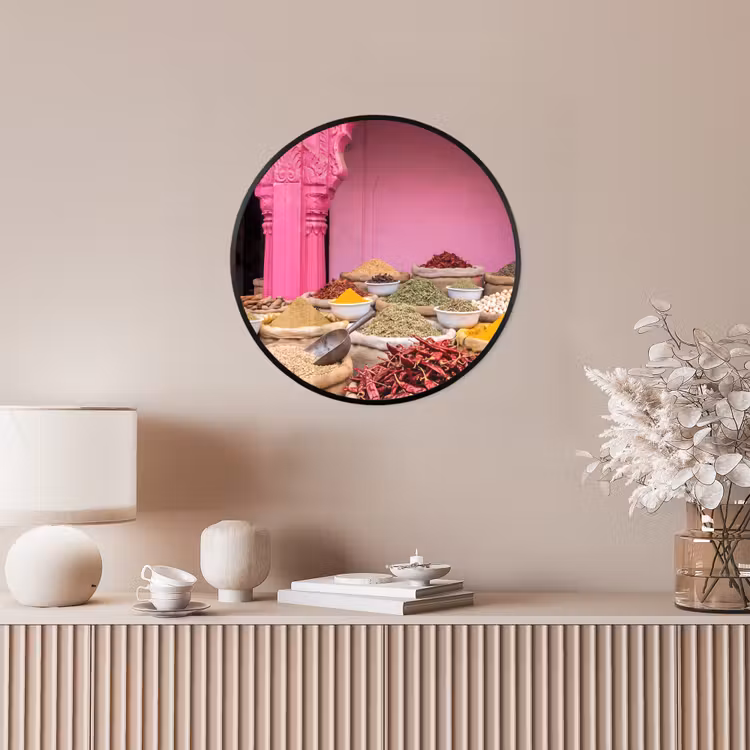 Poster im Rahmen Rund - Kräuter – Markt – Rosa - Kruiden - Markt - Roze Fotolijst rond zonder passe partout klein