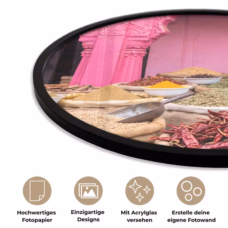 Poster im Rahmen Rund - Kräuter – Markt – Rosa - Kruiden - Markt - Roze Fotolijst rond zonder passe partout klein