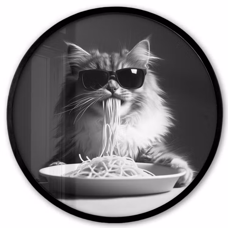 Langharige kat - Zonnebril - Spaghetti - Humor - Zwart - wit Fotolijst rond zonder passe partout klein -3d