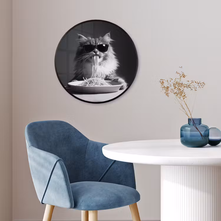 Langharige kat - Zonnebril - Spaghetti - Humor - Zwart - wit Fotolijst rond zonder passe partout klein -sfeer2