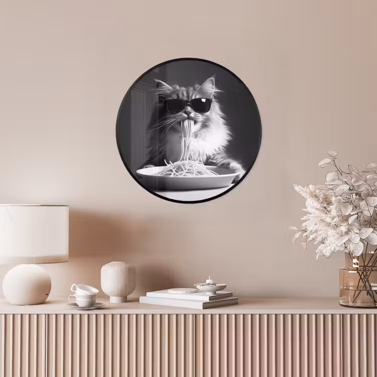 Langharige kat - Zonnebril - Spaghetti - Humor - Zwart - wit Fotolijst rond zonder passe partout klein -sfeer3