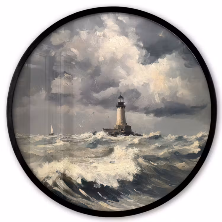 Vuurtoren - Golven - Storm Fotolijst rond zonder passe partout klein -3d