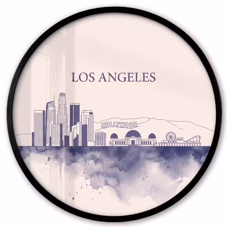 Los Angeles - Skyline - Architectuur - Aquarel - Blauw Fotolijst rond zonder passe partout klein -3d