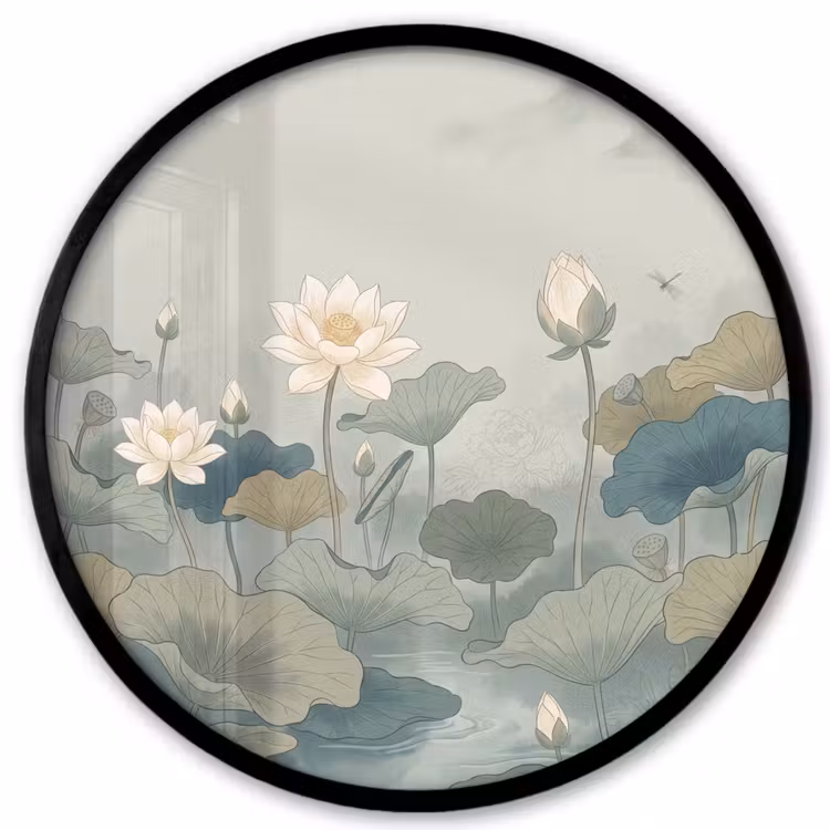 Lotus - Bloemen - Groen Fotolijst rond zonder passe partout klein -3d