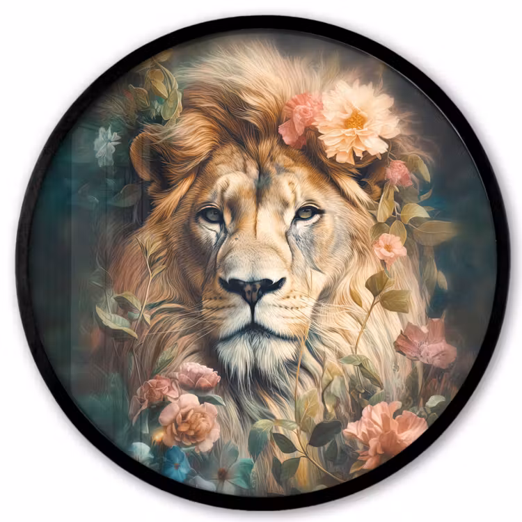 Leeuw - Leeuwenkop - Wilde dieren - Bloemen Fotolijst rond zonder passe partout klein -3d