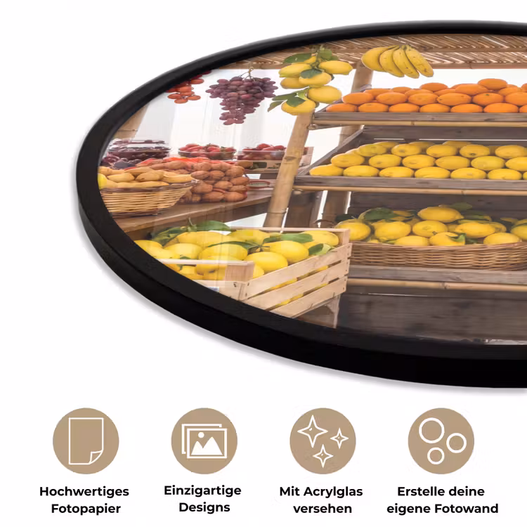 Poster im Rahmen Rund - Marktstand – Obst – Frisch - Marktkraam - Fruit - Vers Fotolijst rond zonder passe partout klein
