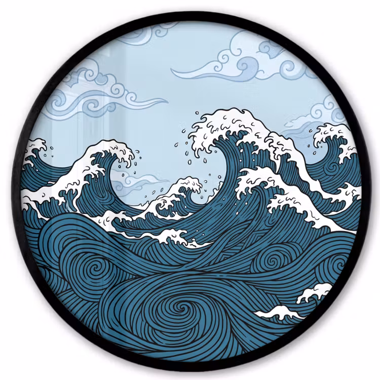 Zee - Golven - Japans - Natuur - Blauw Fotolijst rond zonder passe partout klein -3d
