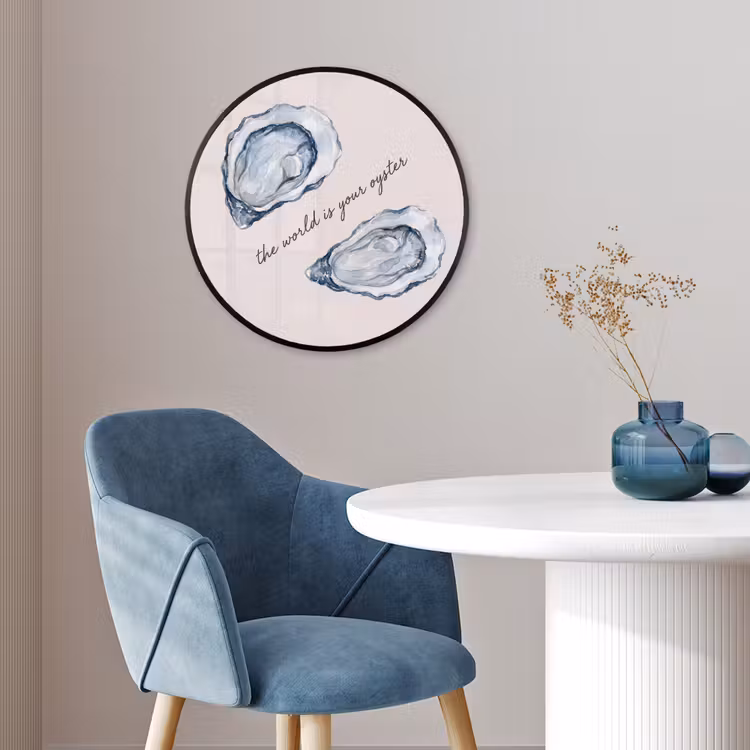 Zeeleven - Oester - Aquarel - Minimalistisch - Blauw Fotolijst rond zonder passe partout klein -sfeer2