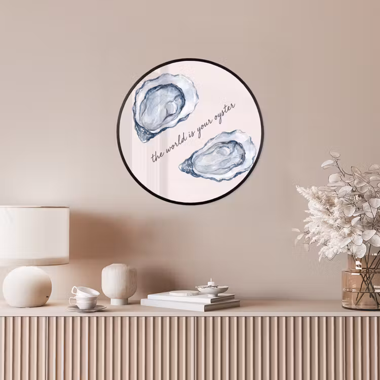 Zeeleven - Oester - Aquarel - Minimalistisch - Blauw Fotolijst rond zonder passe partout klein -sfeer3