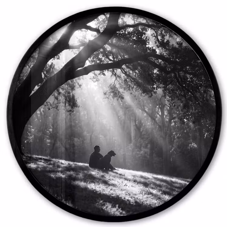 Mens - Hond - Natuur - Zwart-wit - Silhouet Fotolijst rond zonder passe partout klein -3d