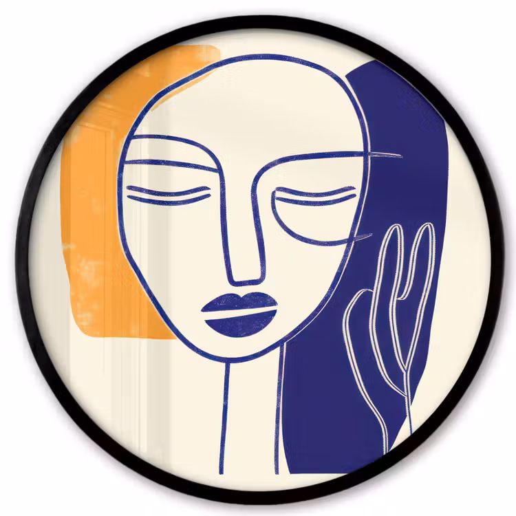 Minimalistisch - Gezicht - Hand - Oranje - Blauw Fotolijst rond zonder passe partout klein -3d