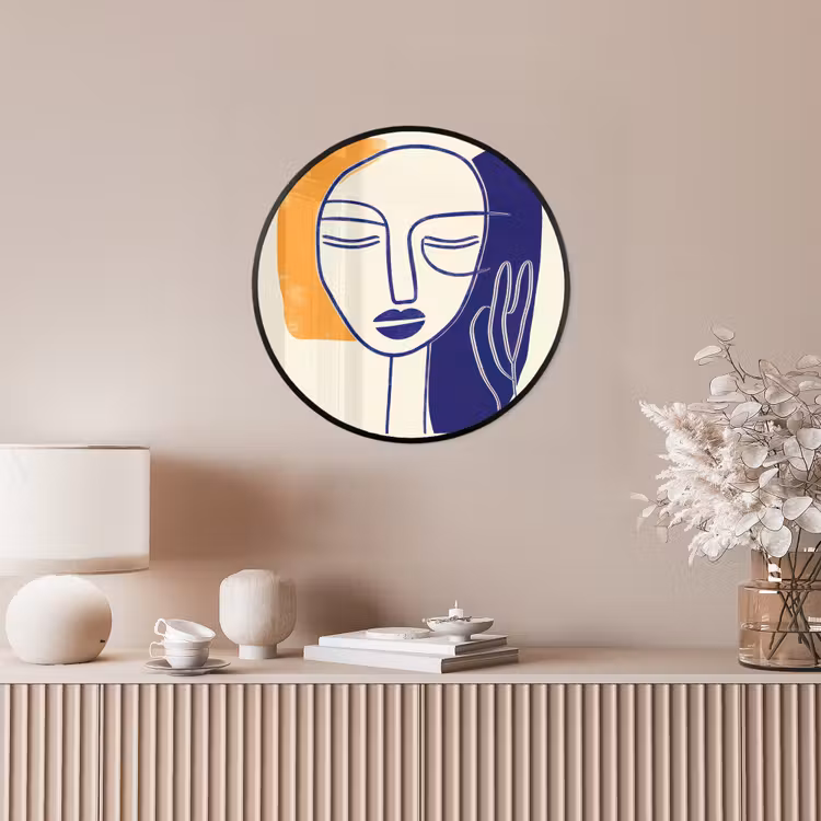 Minimalistisch - Gezicht - Hand - Oranje - Blauw Fotolijst rond zonder passe partout klein -sfeer3