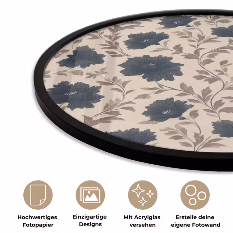 Motief - Bloemen - Zwart - Beige Fotolijst rond zonder passe partout klein 856 -closeup_DE