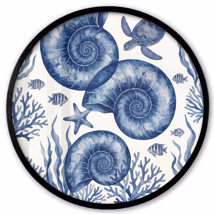 Schelp - Spiraal - Zeeleven - Aquarel - Blauw Fotolijst rond zonder passe partout klein -3d