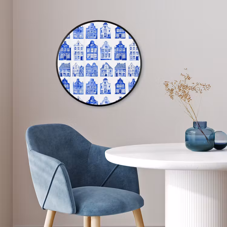 Patroon - Huizen - Blauw Fotolijst rond zonder passe partout klein 856 -sfeer2