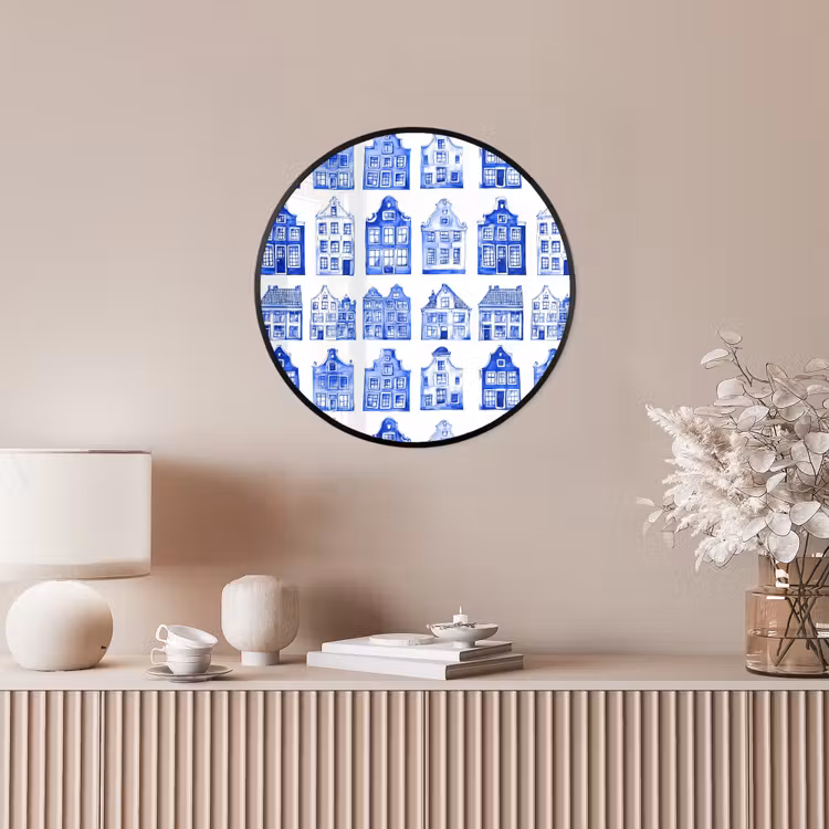Patroon - Huizen - Blauw Fotolijst rond zonder passe partout klein 856 -sfeer3
