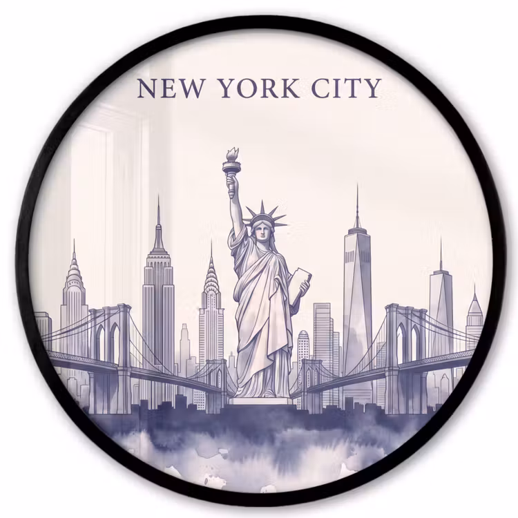 New York - Vrijheidsbeeld - Skyline - Illustratie - Blauw Fotolijst rond zonder passe partout klein -3d