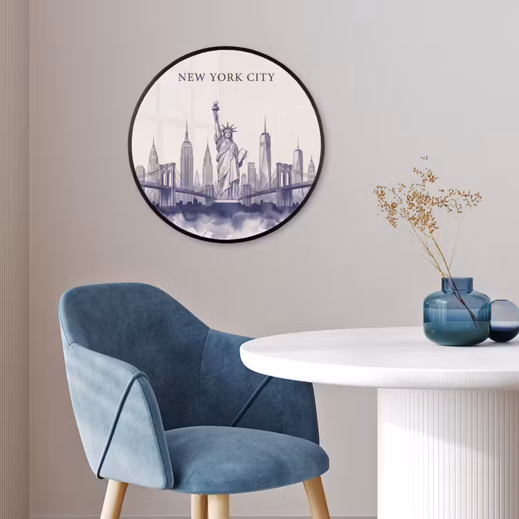 New York - Vrijheidsbeeld - Skyline - Illustratie - Blauw Fotolijst rond zonder passe partout klein -sfeer2