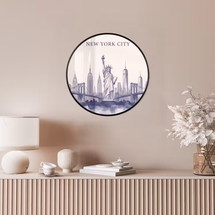 New York - Vrijheidsbeeld - Skyline - Illustratie - Blauw Fotolijst rond zonder passe partout klein -sfeer3