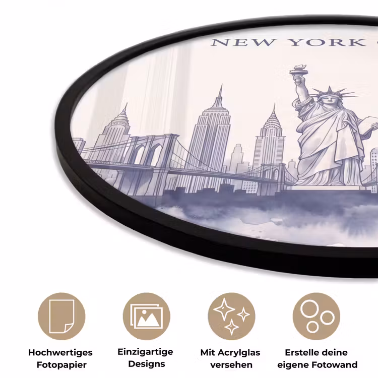 New York - Vrijheidsbeeld - Skyline - Illustratie - Blauw Fotolijst rond zonder passe partout klein -closeup_DE