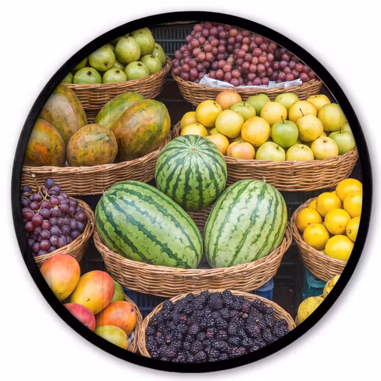 Poster im Rahmen Rund - Obst – Markt – Bunt - Fruit - Markt - Kleurrijk Fotolijst rond zonder passe partout klein