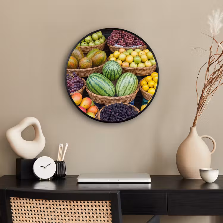 Poster im Rahmen Rund - Obst – Markt – Bunt - Fruit - Markt - Kleurrijk Fotolijst rond zonder passe partout klein