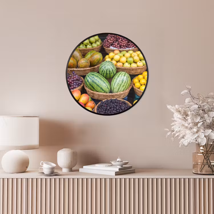 Poster im Rahmen Rund - Obst – Markt – Bunt - Fruit - Markt - Kleurrijk Fotolijst rond zonder passe partout klein